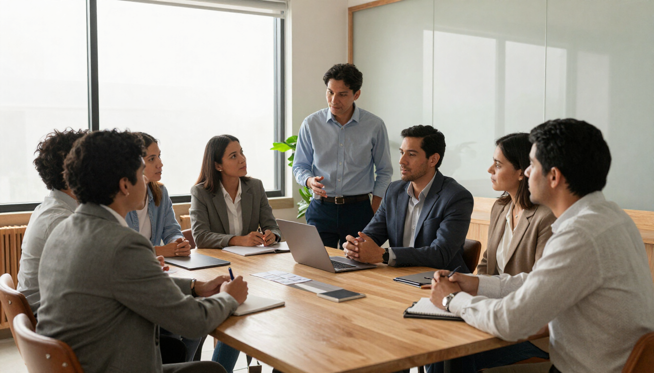 Reunión de trabajo alrededor de una mesa de conferencias en una oficina luminosa, con una persona de pie hablando.
