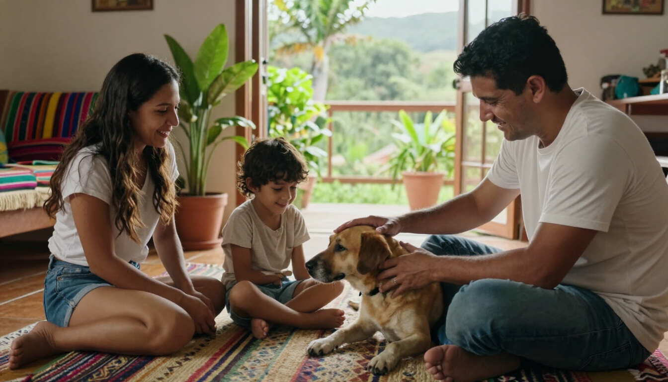 Familia compartiendo con su mascota en Armenia