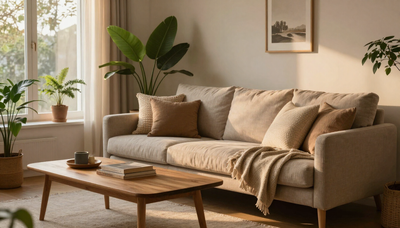 Hogar sereno con luz cálida, textiles naturales y ambiente acogedor