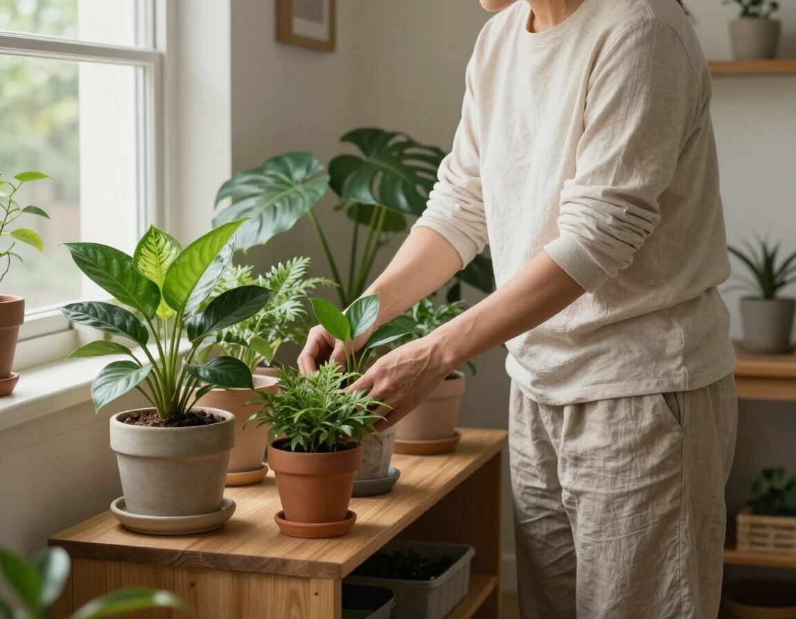 Persona organizando un rincón del hogar con plantas y luz natural