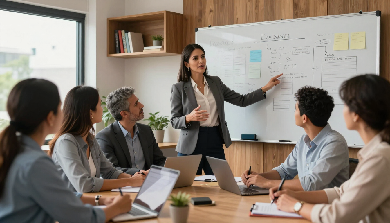 Líder facilitando una conversación de propósito con su equipo