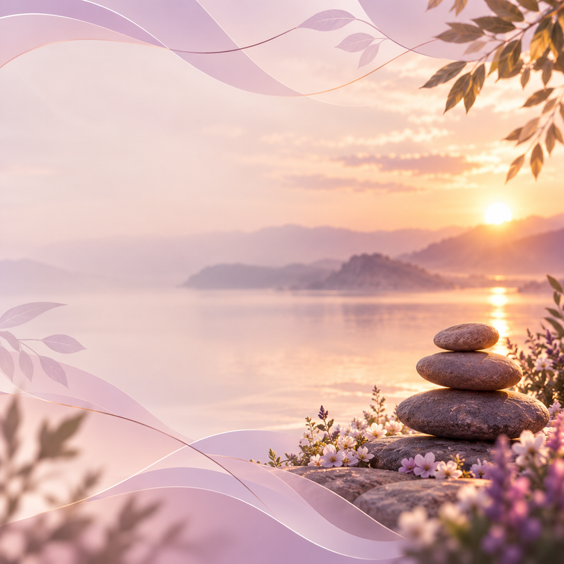 Piedras zen apiladas junto a un lago en calma al amanecer, con flores de color rosa suave y un cielo en tonos pastel.