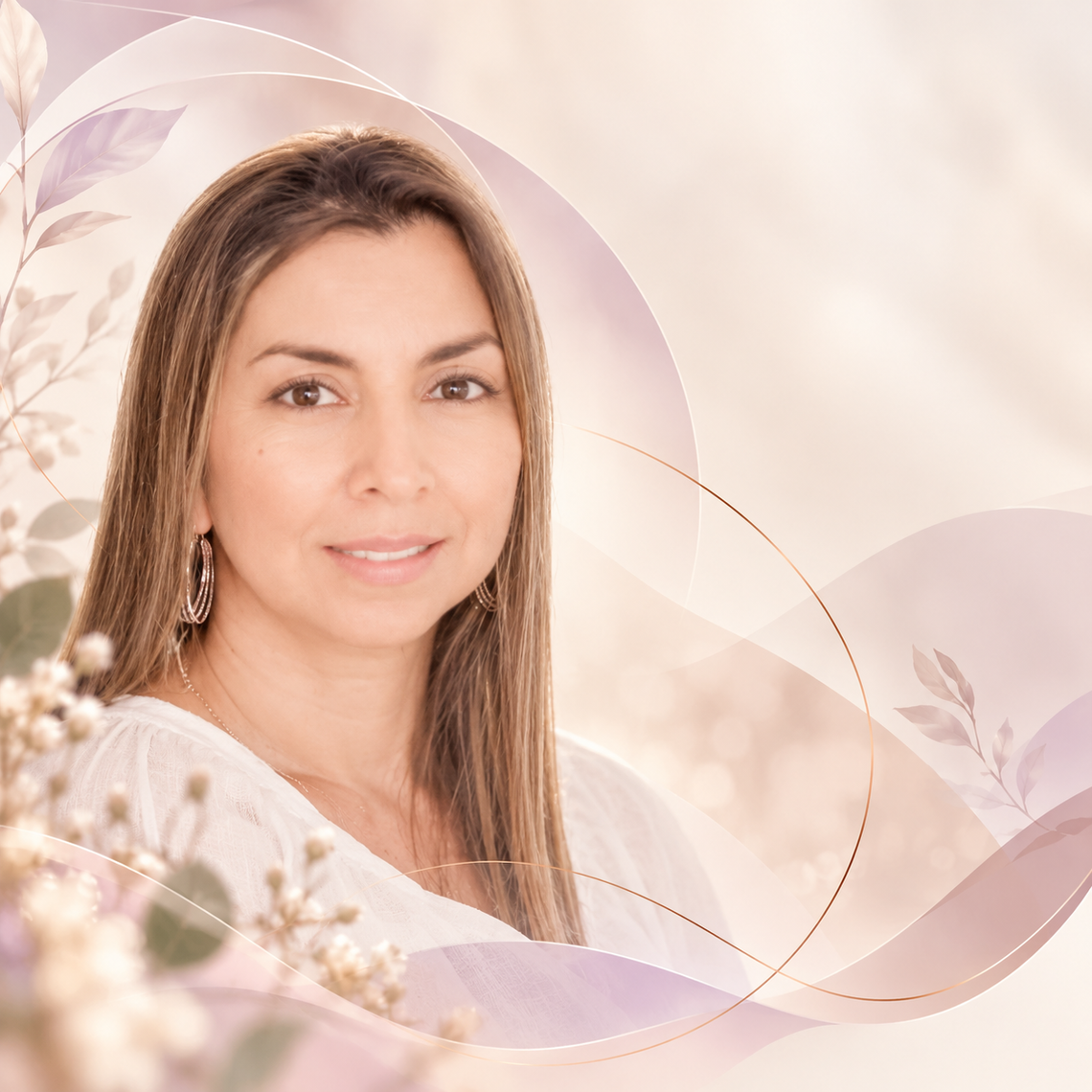 Retrato de una mujer de cabello largo sobre un suave fondo floral en tonos pastel