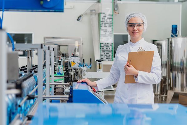 Lab technician in white coat holding clipboard beside machinery in a clean factory production line