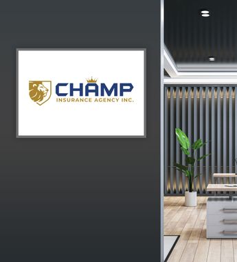 A framed sign for Champ Insurance Agency featuring a gold lion crest and crown, mounted on a dark office wall.