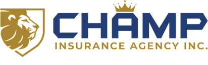 Logo for Champ Insurance Agency Inc. featuring a gold lion crest and blue lettering with a small gold crown above it.