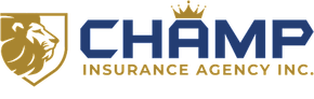 Logo for Champ Insurance Agency Inc. featuring a gold lion crest and blue lettering with a small gold crown above it.