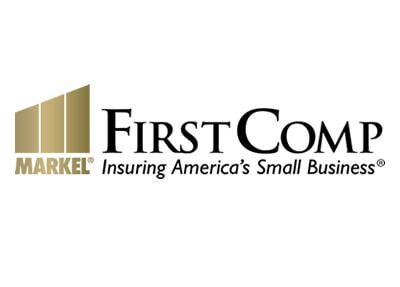 The Markel FirstComp logo features a gold building icon with the text 