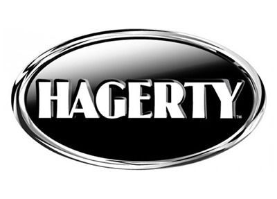 The Hagerty logo: white text inside a black oval with a metallic, chrome-style border.