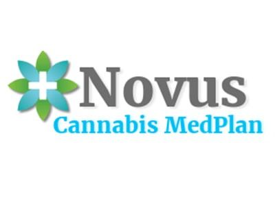Logo for Novus Cannabis MedPlan featuring a green and blue flower icon with a white cross center, next to the company name.