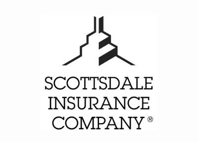 Logo for Scottsdale Insurance Company, featuring a stepped, geometric building icon above the company name.