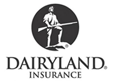 Logo for Dairyland Insurance featuring a silhouette of a person holding a rifle inside a circle, with the brand name below.