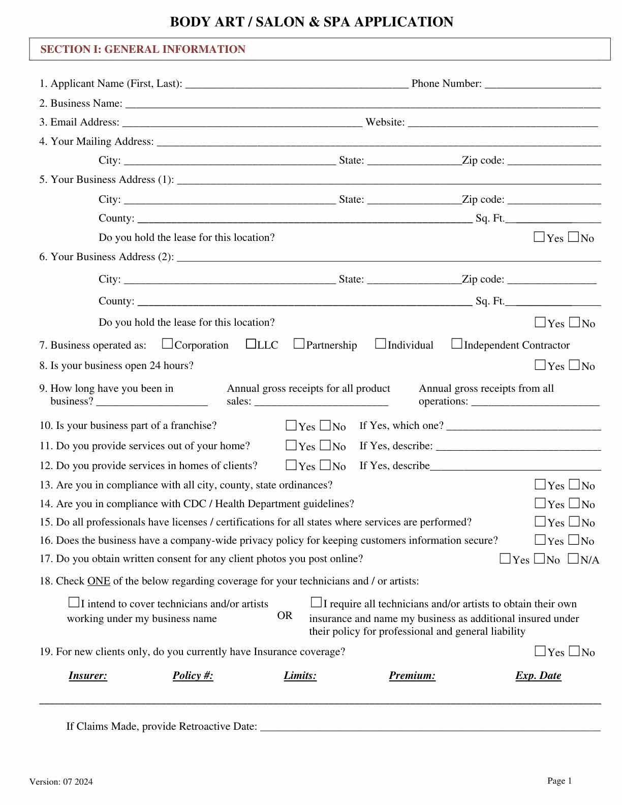 Black-and-white salon application form with handwritten fields and checkboxes for services and contact details