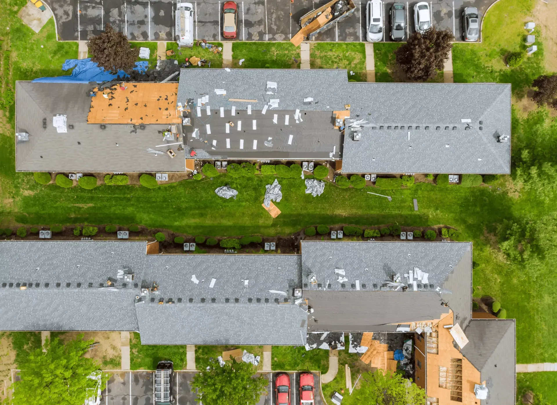 Quantum Roofing & Restoration aerial view of a multi-building roof replacement project in Havre de Grace, MD
