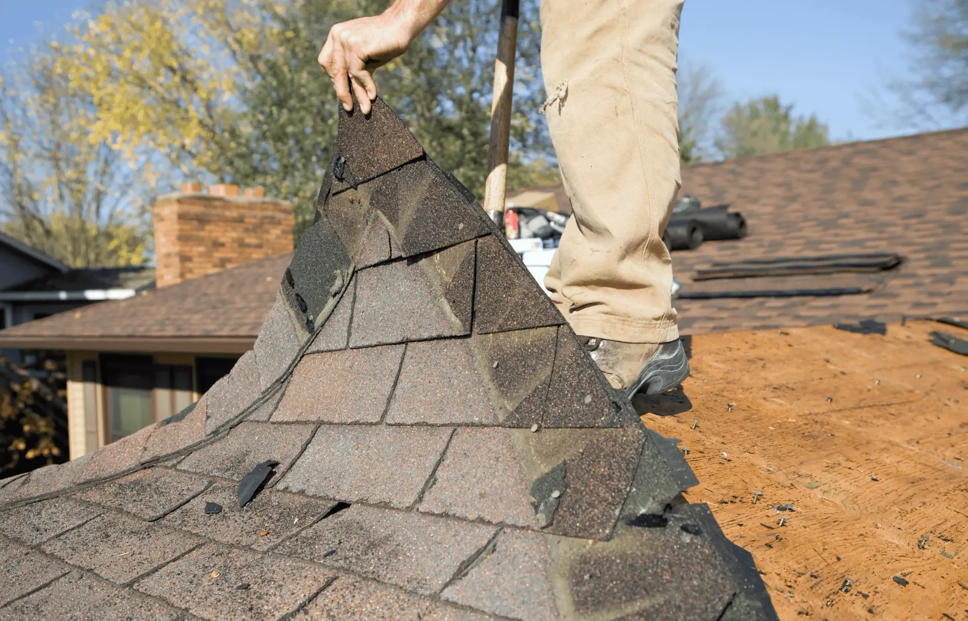 Roofer removing old shingles from a roof ridge during tear-off in Havre de Grace, MD