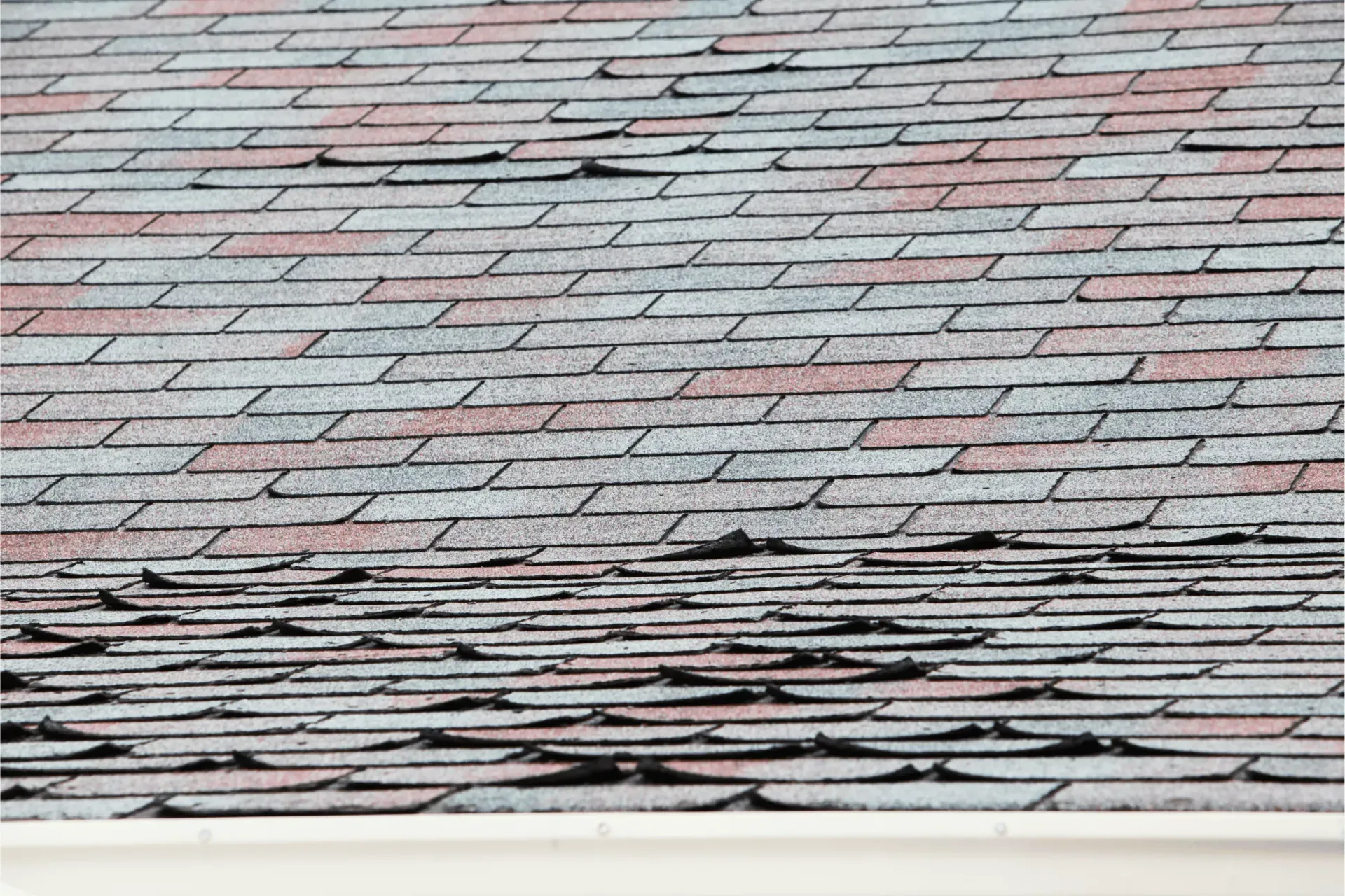 Wind-lifted roof shingles showing storm damage on a Maryland home