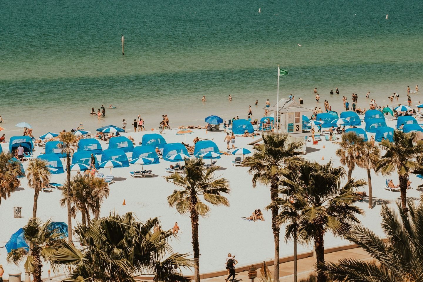 Beach scene with palm trees, turquoise water, white sand, and blue umbrellas. People are swimming and sunbathing.