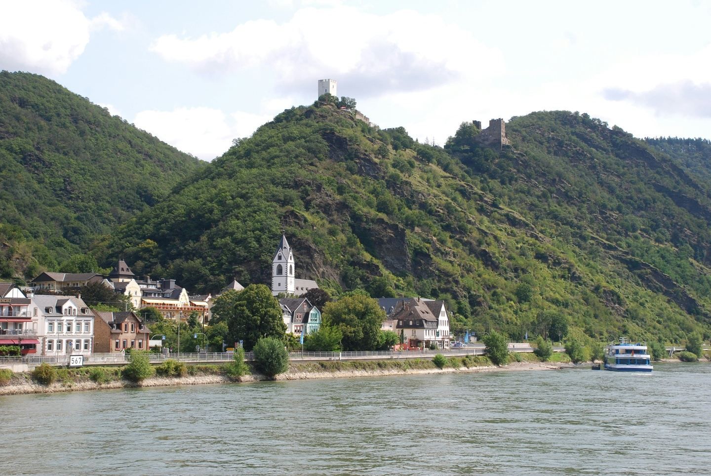 Town along river with forested hills and castles.