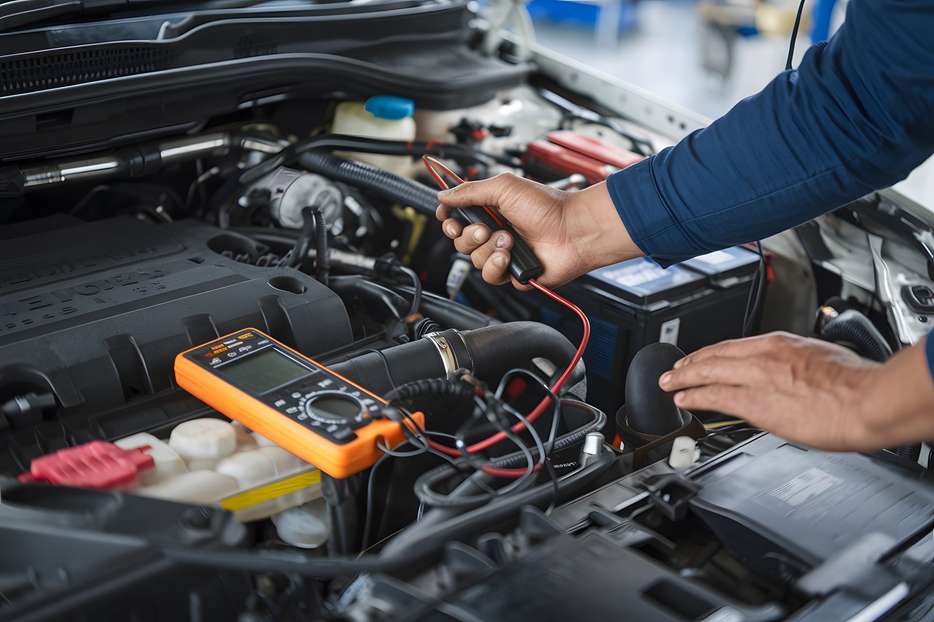 Mechanic testing car battery with multimeter in engine bay, wires connected and hood open