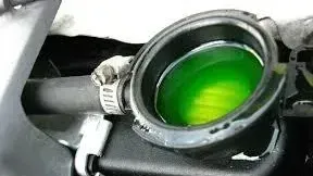 Open car coolant reservoir with bright green liquid. Black hose and clamp visible.