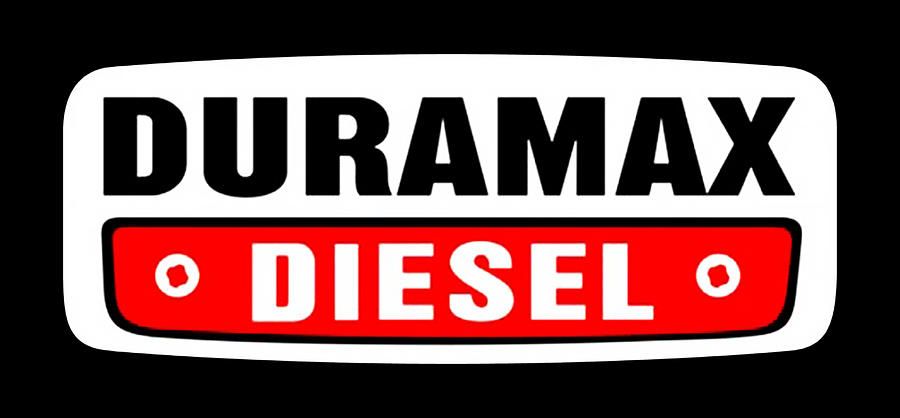 Duramax Diesel logo in black, white, and red with bold text on a rounded badge.