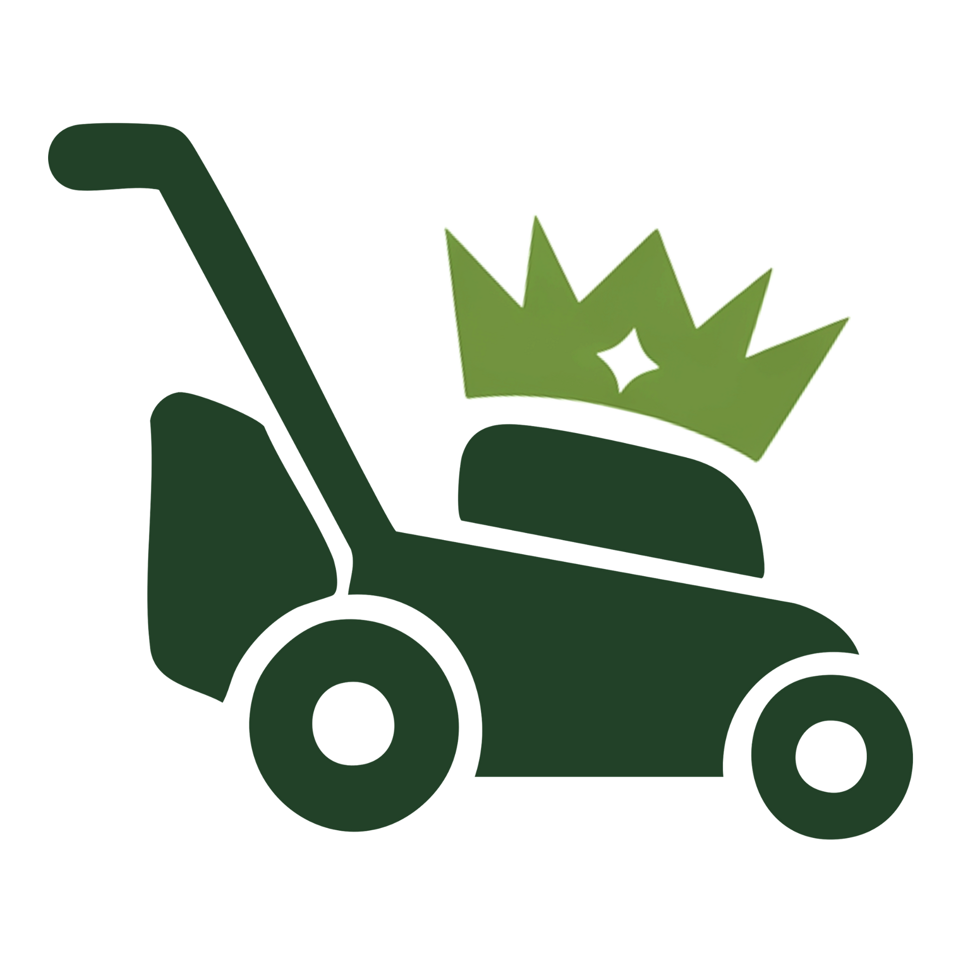 Green lawnmower with a crown, symbolizing landscaping service.