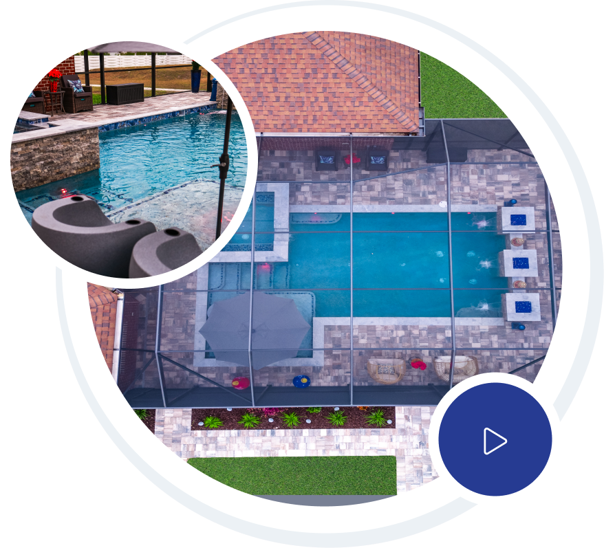 Pool with waterfall, 25+ years experience badge, and a pool view.