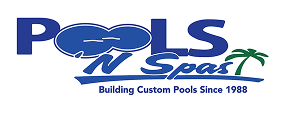 Logo for Pools 'N Spas, a pool builder since 1988, in blue with a palm tree graphic.
