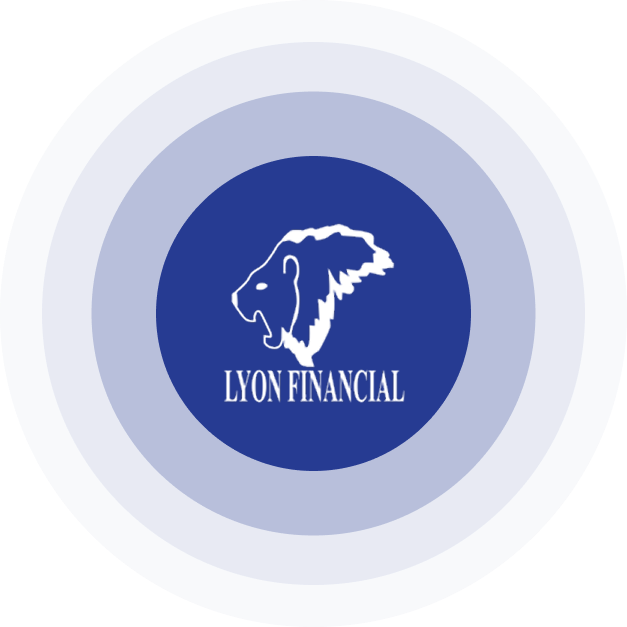 Lyon Financial logo: White lion head on a blue circle, surrounded by concentric blue circles. Text: