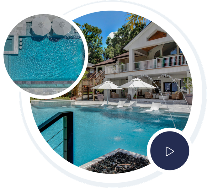 Poolside view of a white building with umbrellas and lounge chairs, and a smaller inset of the pool.