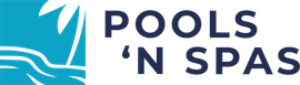 Logo for Pools 'N Spas, a pool builder since 1988, in blue with a palm tree graphic.