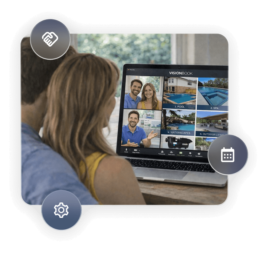 Two people viewing a video call on a laptop with a grid of participants and shared screen content