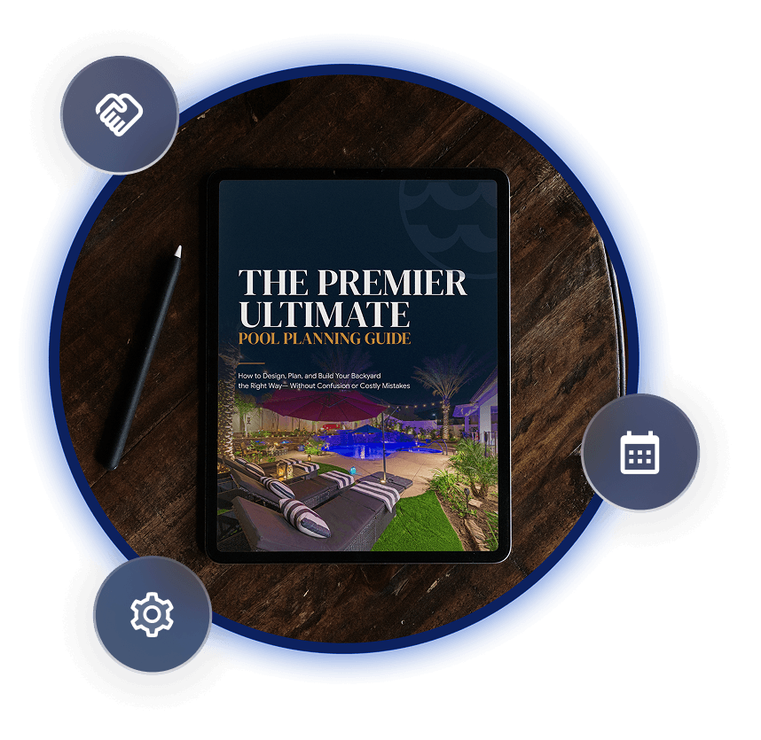 Tablet on a wooden table displaying “The Premier Ultimate” with a stylus and app icons around it.