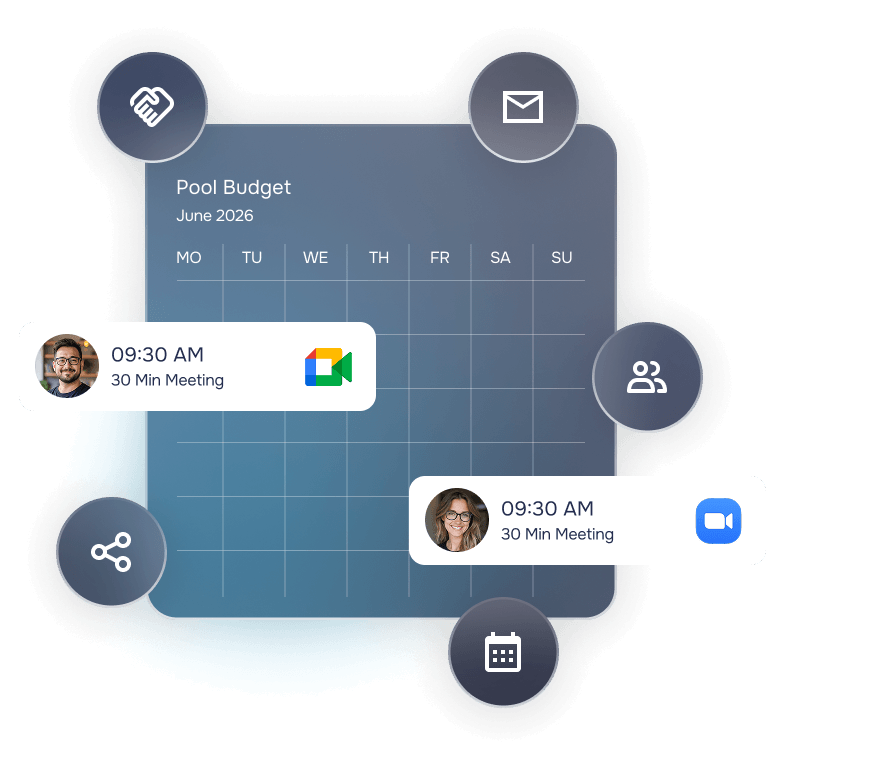 Blue calendar with meeting cards and icons for sharing, email, video, and contacts.