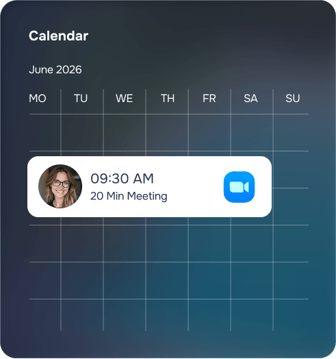 Blue calendar with meeting cards and icons for sharing, email, video, and contacts.