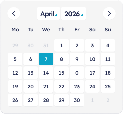Calendar date picker for April 2026, with the 7th highlighted in blue.