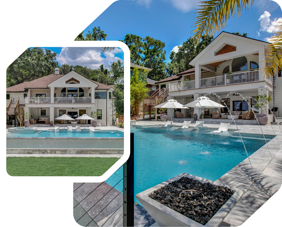 Luxury home with pool and outdoor seating. Sunlight, blue water, white umbrellas, and a fire pit.
