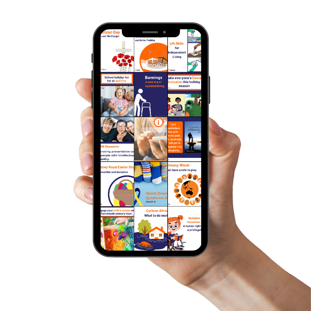 Image of a hand holding a smartphone. The smartphone has a collage of the social media content that The Easy Read Toolbox has created for IDEAS.