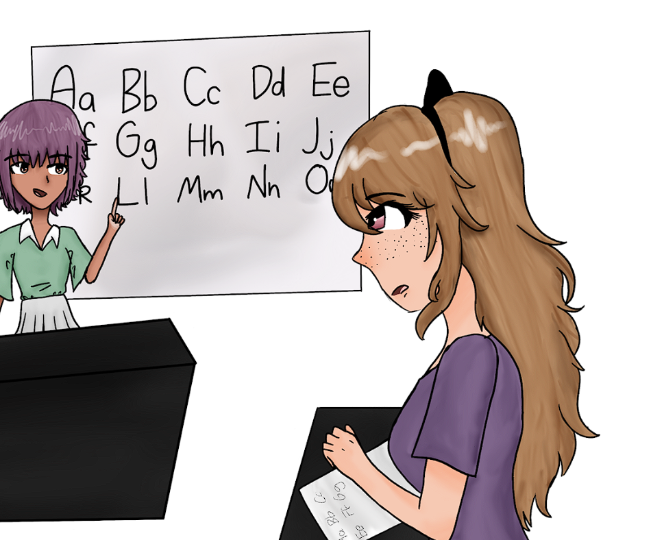Illustration of a teacher pointing to a board behind them. The board has the alphabet in capital and lower-case letters.
There is a student at their desk with notes, listening to the teacher.