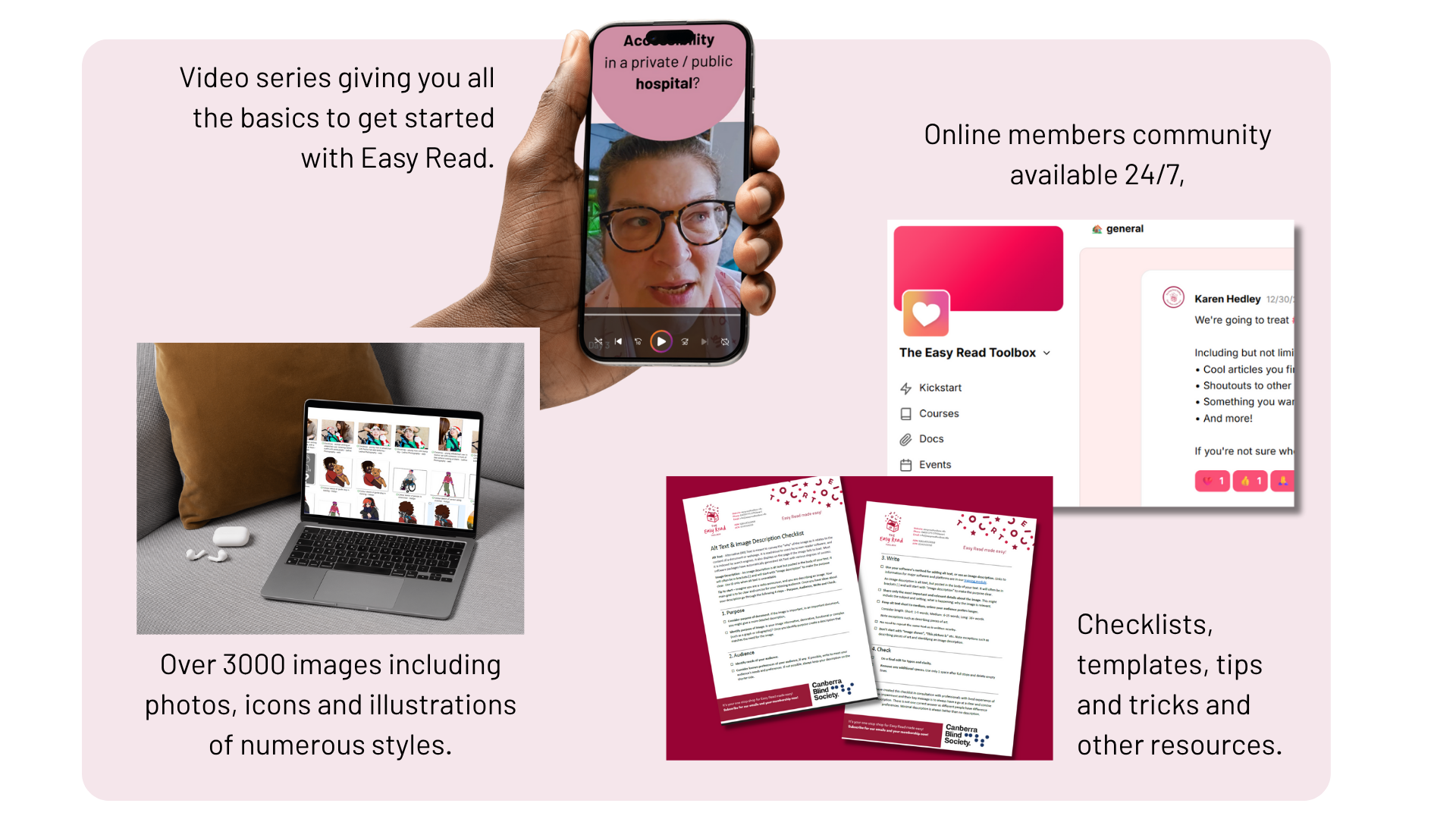 Shows features of membership, including image bank, online community, workshops and templates.