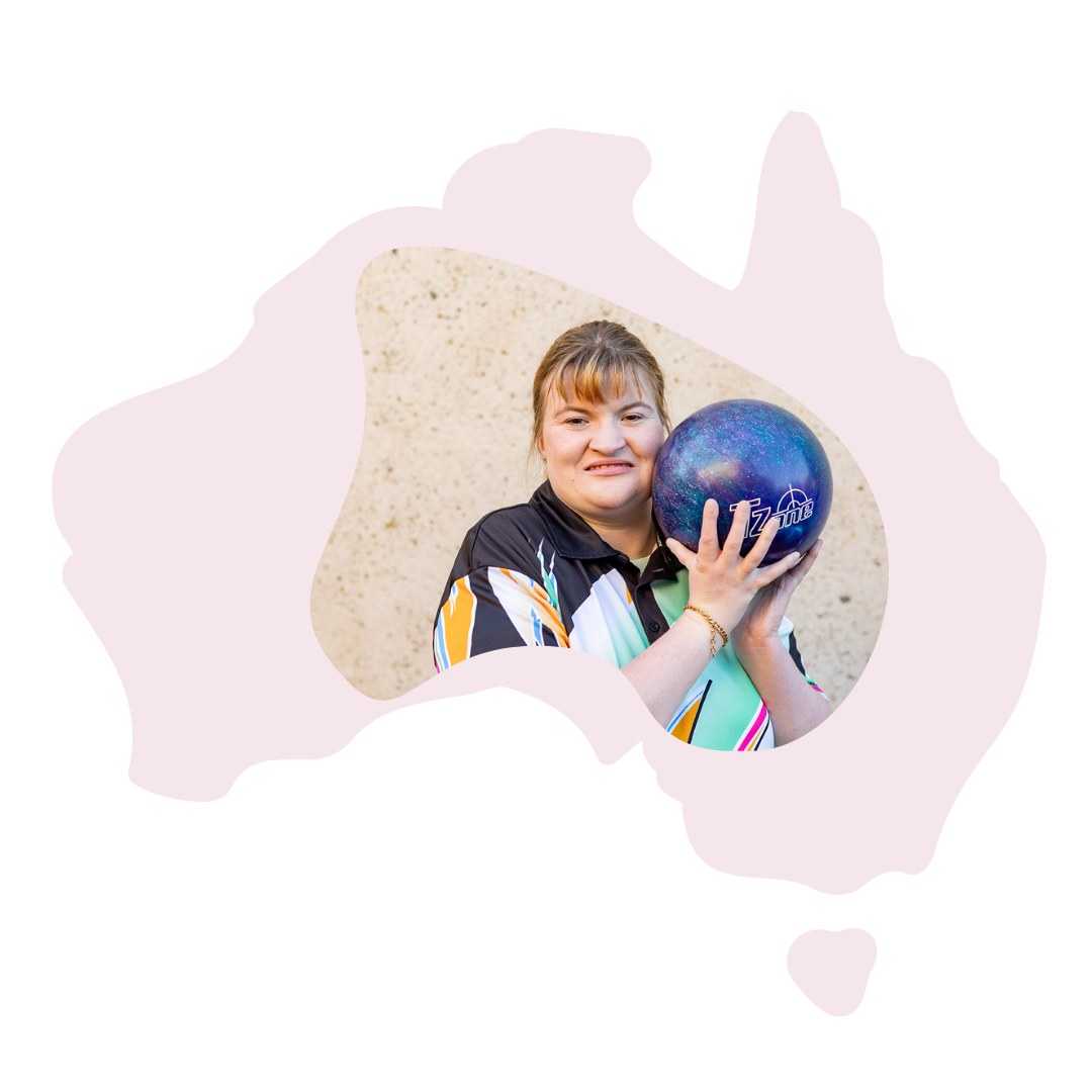 A light pink Australia illustration with a photo of a person with a hidden disability holding a bowling ball in the middle