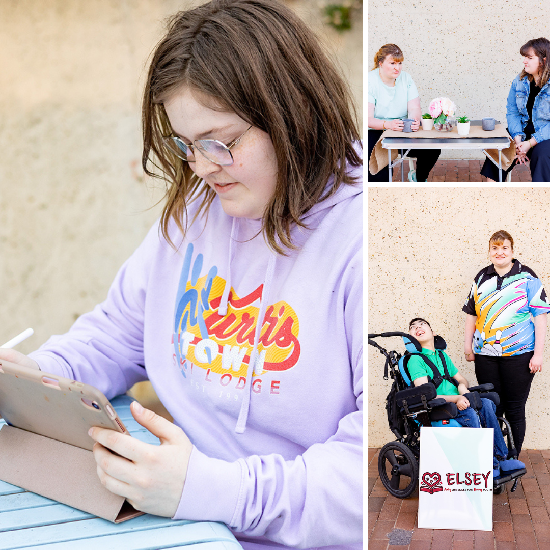 A collage of three different images.
The first image shows an individual holding a stylus and using their tablet.
The second image shows two individuals sitting at a table with a floral centrepiece and two mugs in front of them.
Their image is of a wheelchair user and an individual standing with a sign in front of them. The sign displays the ELSEY logo.