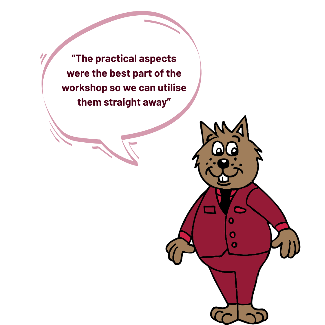 Illustration of a member of our flight crew, The Wombat, with a speech bubble. Text: