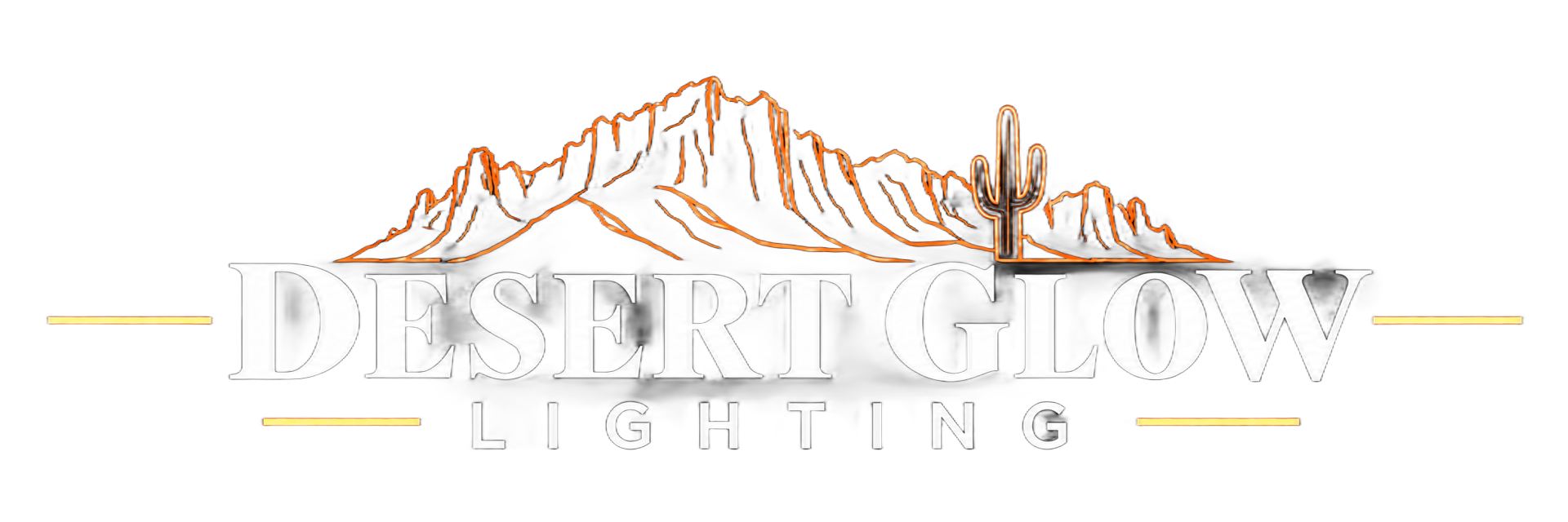 Desert Glow Lighting & Misting logo with orange lightbulb and stars over a geometric line design