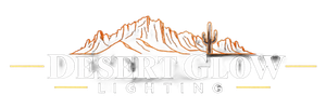 Desert Glow Lighting & Misting logo with orange lightbulb and stars over a geometric line design