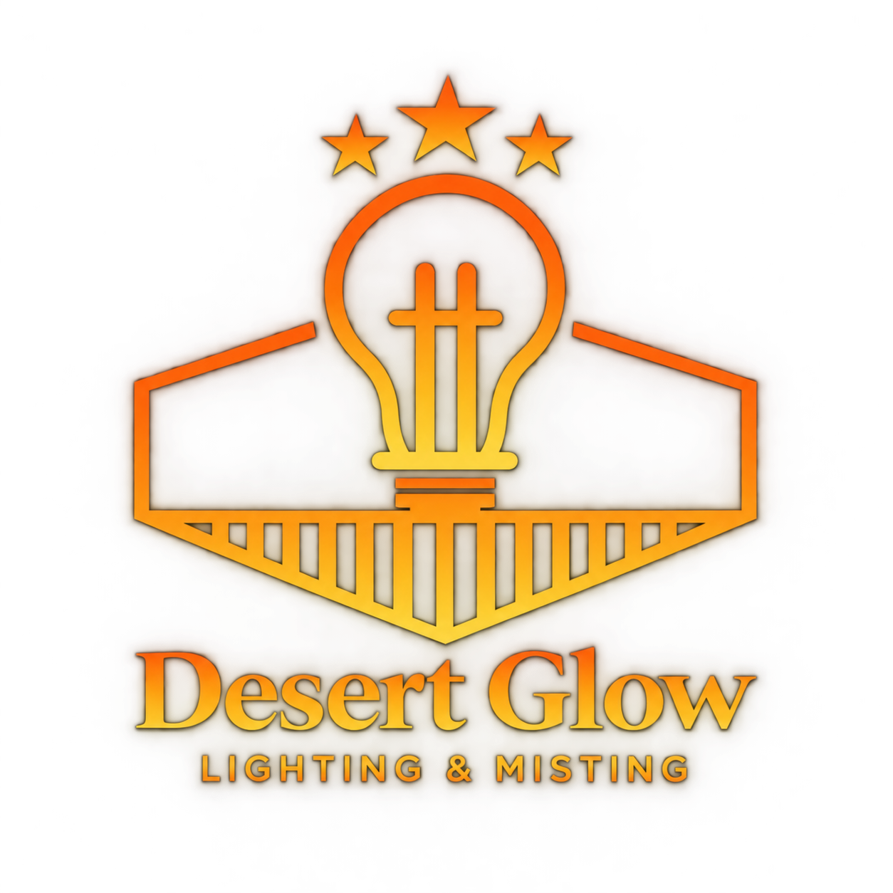 Desert Glow Lighting & Misting logo with orange lightbulb and stars over a geometric line design