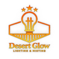 Desert Glow Lighting & Misting logo with orange lightbulb and stars over a geometric line design