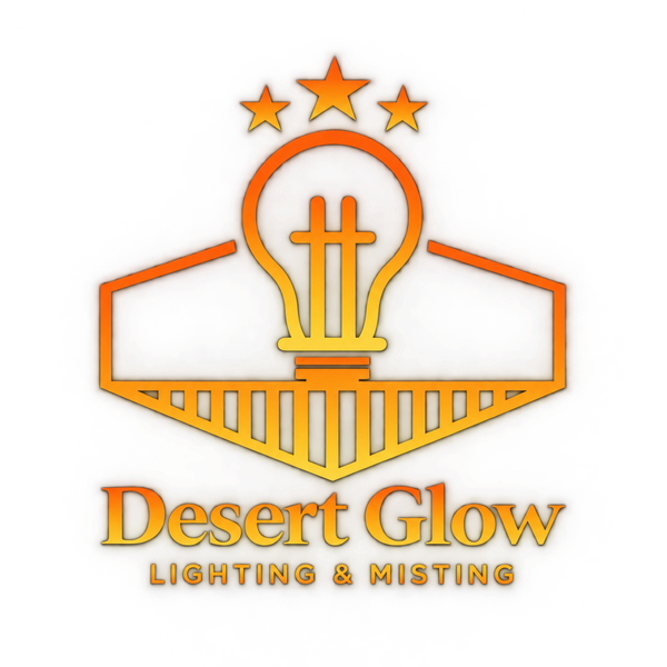 Desert Glow Lighting & Misting logo with orange lightbulb and stars over a geometric line design