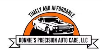 Logo for Ronnie's Precision Auto Care, LLC, featuring a car, orange arc, and banner with text "Timely and Affordable".
