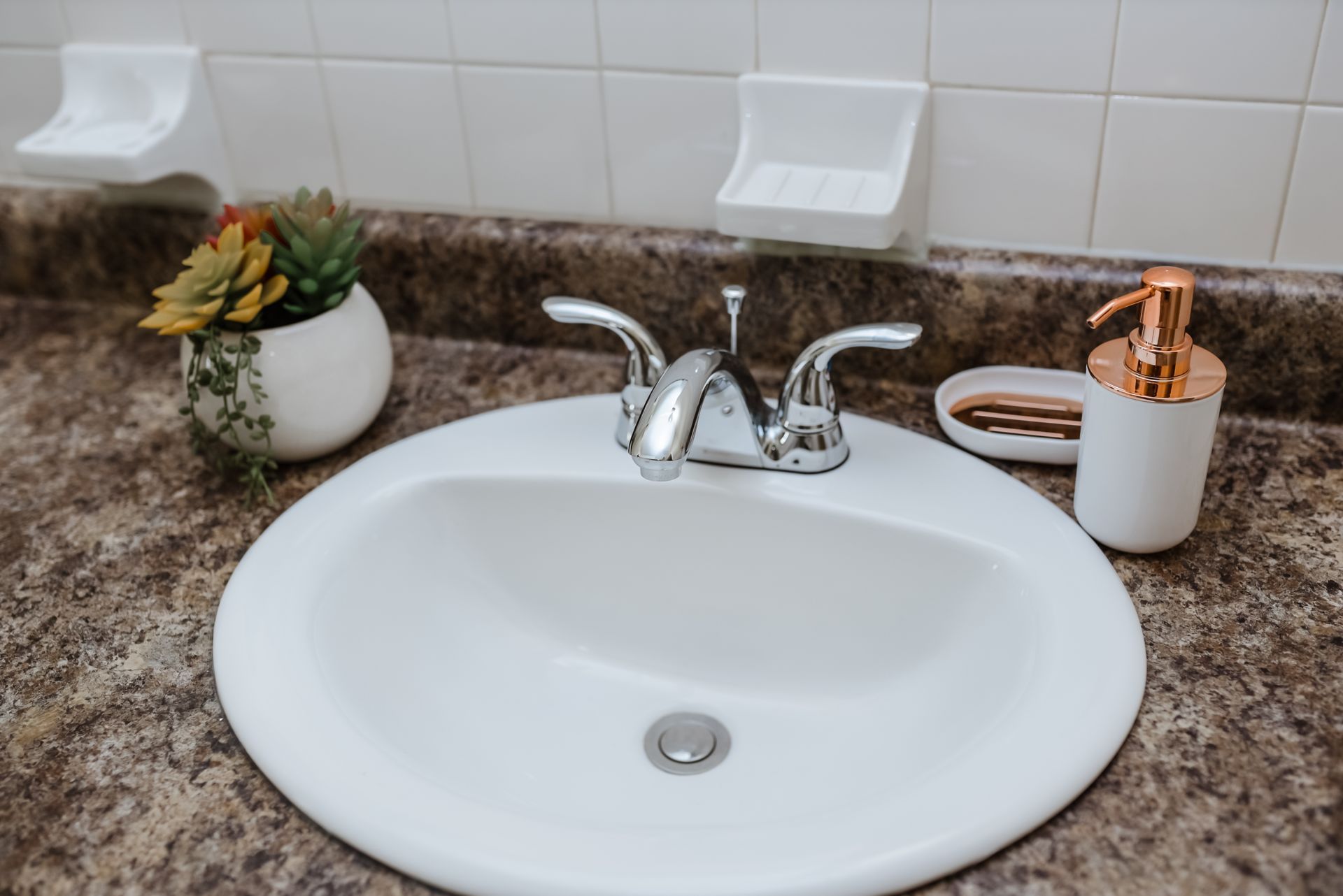 White sink with chrome faucet, countertop, soap dispenser, and small succulent plant.
